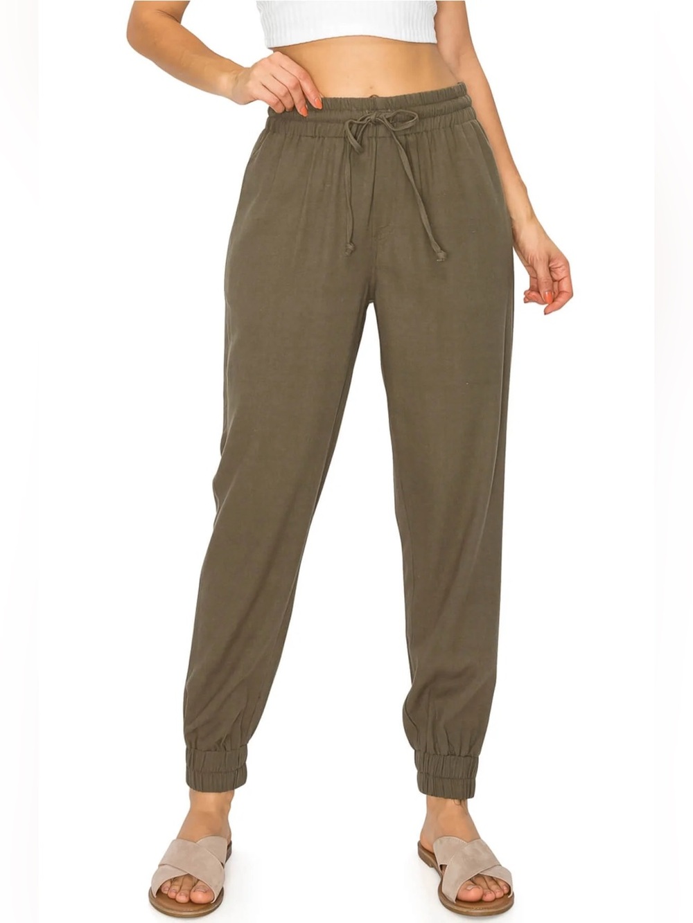 Cali1850 Drawstring Waist Linen Jogger Pants